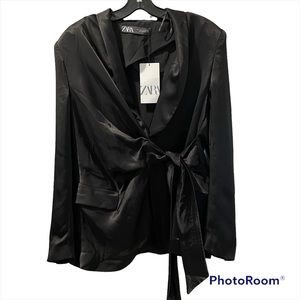 Zara Blouse Top Women’s Black Belted Viscose Polyester Blend Stylish Large NWT